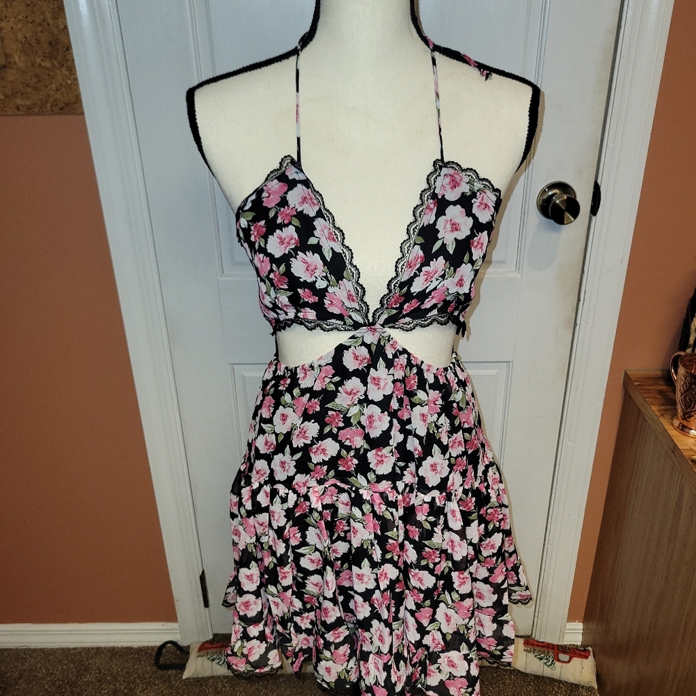 Floral Halter Dress with Lace Trim